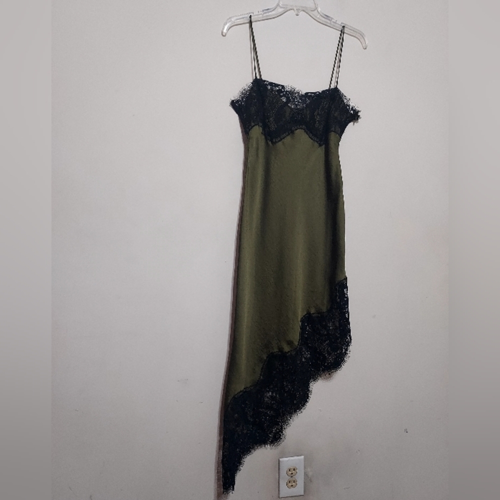 Zara Zw Collection Asymmetric Trendy Green and Black Lace Dress - Picture 14 of 16